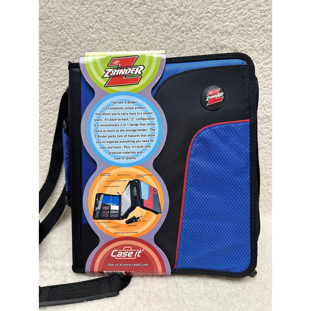 Case-it Z-Binder Blue Black 2-in-1 Zippered 1.5 Inch D-Ring Binder with Strap